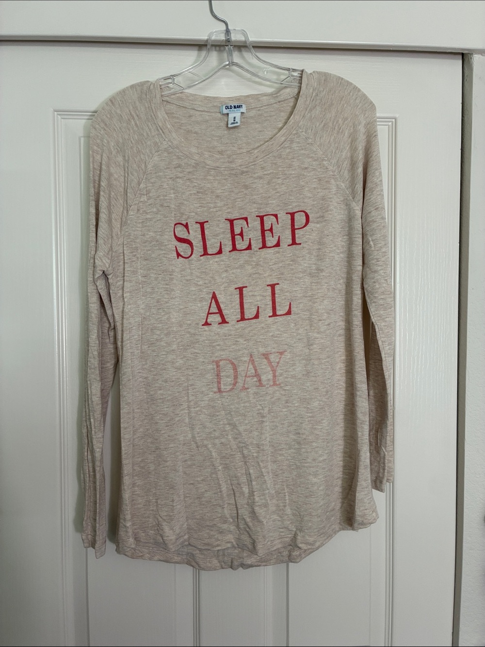 Old Navy Beige Long Sleeve Tee with Red and Light Pink 'SLEEP ALL DAY' Graphic